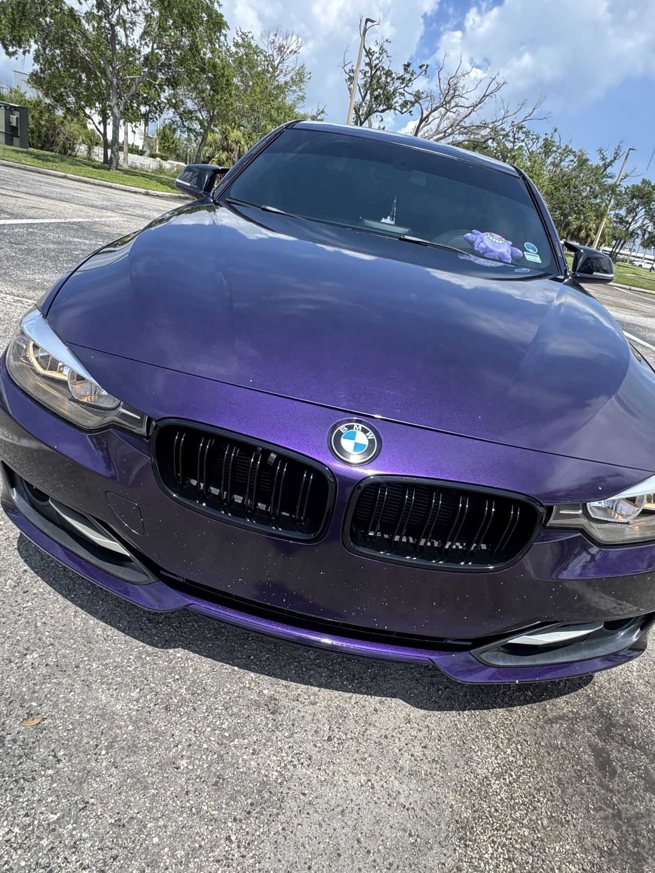 Purple BMW sedan parked outdoors on a sunny day with trees and blue sky in the background. The car has a shiny, freshly detailed finish and a plush toy on the dashboard, conveying a sense of pride and care.